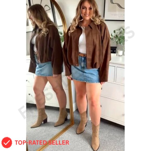 Oversized Faux Suede Bomber Jacket Lapel Zip Up Streetwear Outerwear - Picture 2 of 7